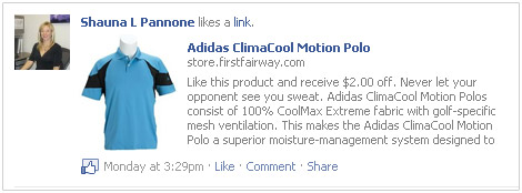A Liked product appears in the visitor's Facebook feed.
